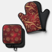 Crimson en gouden kerst ovenwant & pannenlap set (Voorkant / Achterkant)