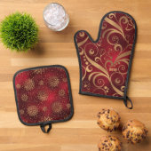 Crimson en gouden kerst ovenwant & pannenlap set (Top down)