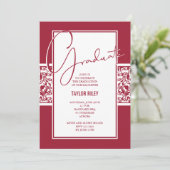 Crimson en White Damask Afstuderen Kaart (Staand voorkant)