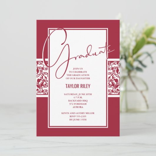 Crimson en White Damask Afstuderen Kaart (Staand voorkant)