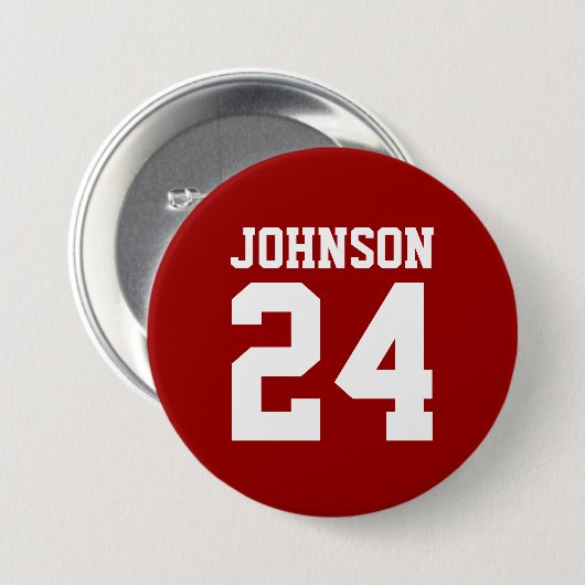 Crimson en Witte Atleet Naam Jersey Nummer Ronde Button 7,6 Cm (Voorkant /achterkant)