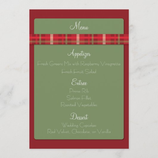Crimson & Evergreen Kerst Bruiloft Menu Kaart (Voorkant)