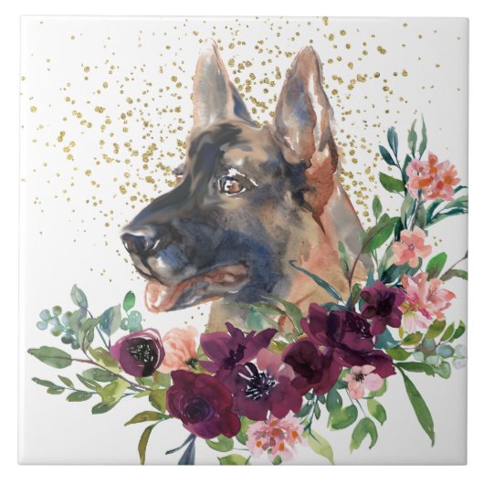 Crimson Floral Bouquet German Shepherd Dog Tegeltje (Voorkant)