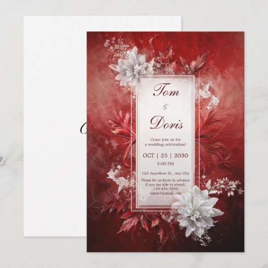 Crimson Floral Elegance bruiloft uitnodiging (Voorkant / Achterkant)