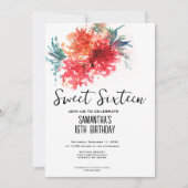 Crimson Floral Sweet 16 Invite - Waterverf Design Kaart (Voorkant)