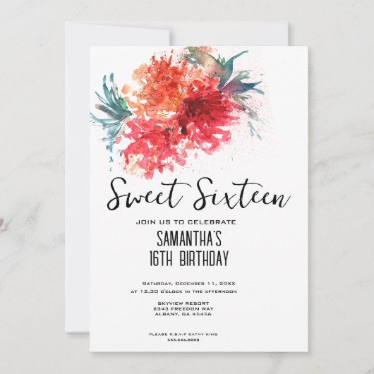 Crimson Floral Sweet 16 Invite - Waterverf Design Kaart (Voorkant)