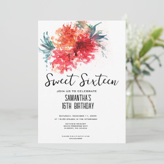 Crimson Floral Sweet 16 Invite - Waterverf Design Kaart (Staand voorkant)