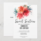 Crimson Floral Sweet 16 Invite - Waterverf Design Kaart (Voorkant / Achterkant)