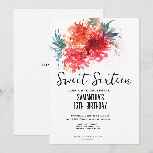 Crimson Floral Sweet 16 Invite - Waterverf Design Kaart (Voorkant / Achterkant)