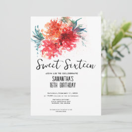 Crimson Floral Sweet 16 Invite - Waterverf Design Kaart