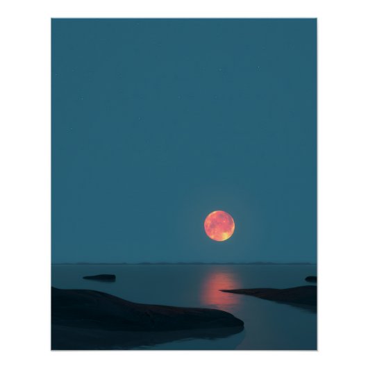 Crimson Full Moon Over Calm Waters Perfect Poster (Voorkant)