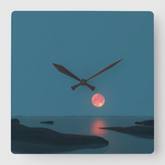 Crimson Full Moon Over Calm Waters Vierkante Klok (Voorkant)