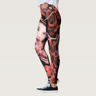 Crimson Geisha Lotus Flower Leggings