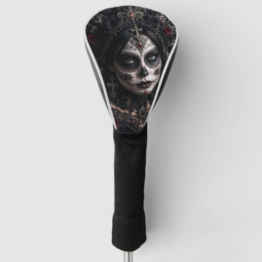 Crimson Gothic Calavera – Zwarte Roos Golfheadcover (Voorkant)