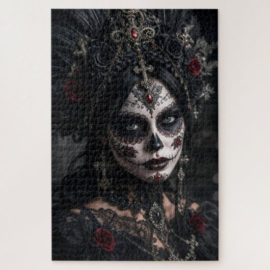 Crimson Gothic Calavera – Zwarte Roos Legpuzzel (Verticaal)