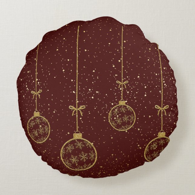 Crimson & Goud Ornament Kerst Ronde Kussen (Achterkant)