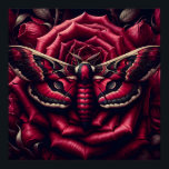 Crimson Hawk Moth Red Rose Dark Gothic Botanical  Poster<br><div class="desc">A stunning dark botanical illustration of a crimson and black hawk moth centered perfectly on a deep red rose, surrounded by additional blooms and dark foliage. Hyper-detailed wing venation, rich crimson and cream coloring, and dramatic dark background create a gallery-quality piece equally at home in a dark academia study, a...</div>