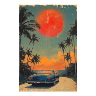 Crimson Horizon: De reis van de retro Foto Afdruk