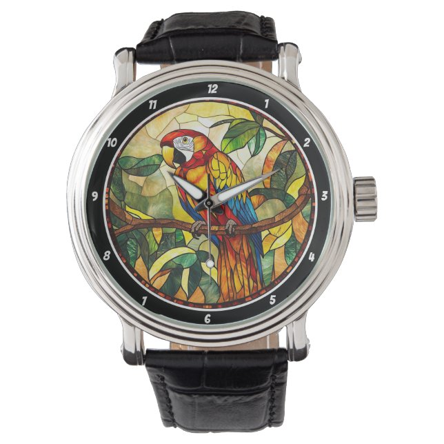 Crimson Jungle Time" - Stained Glass Red Parrot Horloge (Voorkant)
