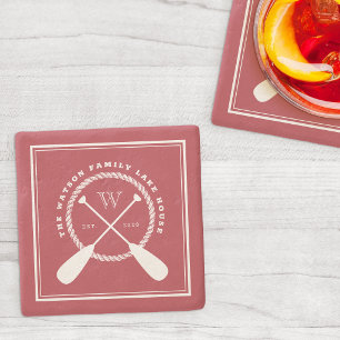 Crimson Lake House Monogram Gekruiste Peddels Stenen Onderzetter