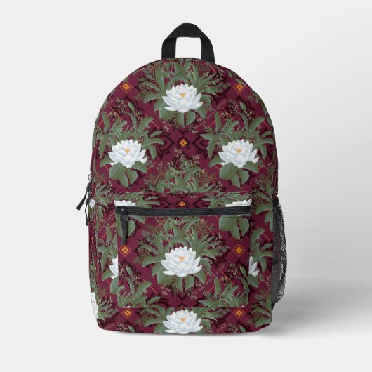 Crimson Lotus Elegance Patroon - De Witte Lotus Bedrukte Rugzak (Voorkant)
