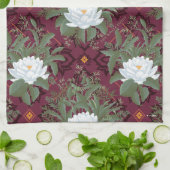 Crimson Lotus Elegance Patroon - De Witte Lotus Theedoek (Gevouwen)