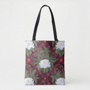 Crimson Lotus Elegance Patroon - De Witte Lotus Tote Bag