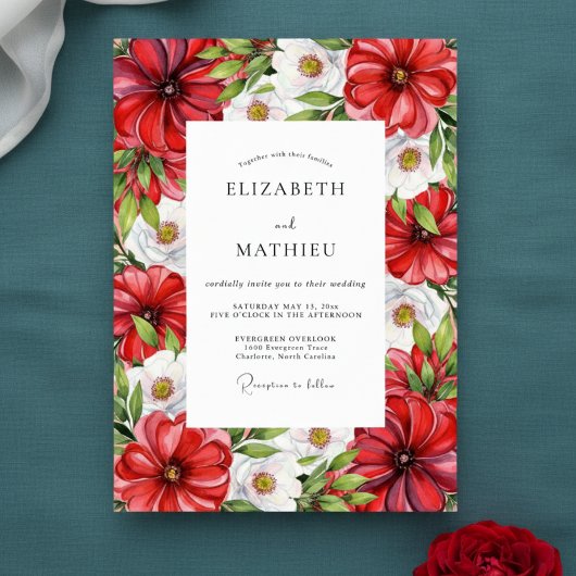 Crimson Lush Botanical Wedding Kaart
