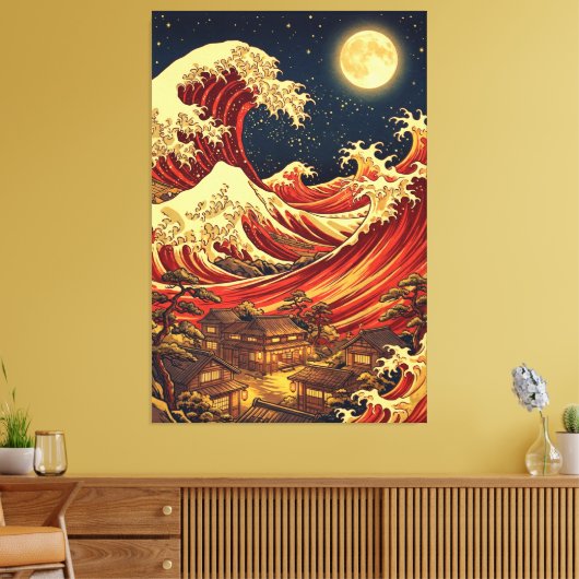 Crimson Moon Over Japanese Coast – Ukiyo-e Style Canvas Afdruk (Insitu (Woonkamer))
