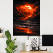 Crimson Moon Tempest - Vurig Storm over de oceaan Poster (Thuiskantoor)