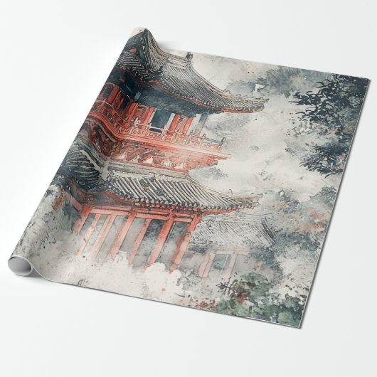 Crimson Mountain Pagoda Inktwash (1) Cadeaupapier (Uitgerold)
