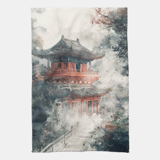 Crimson Mountain Pagoda Inktwash (1) Theedoek (Verticaal)