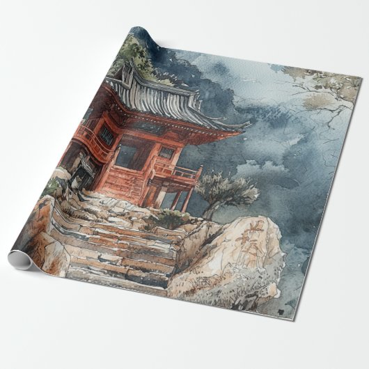 Crimson Mountain Pagoda Inktwash (2) Cadeaupapier (Uitgerold)