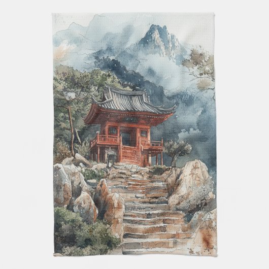 Crimson Mountain Pagoda Inktwash (2) Theedoek (Verticaal)