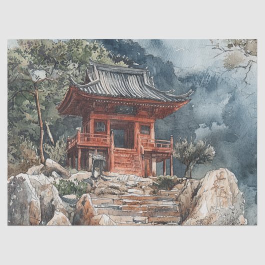Crimson Mountain Pagoda Inktwash (2) Tissuepapier (Voorkant)