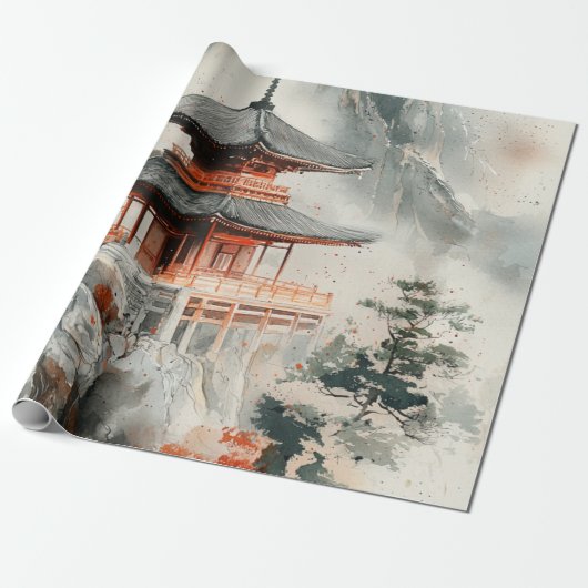 Crimson Mountain Pagoda Inktwash (3) Cadeaupapier (Uitgerold)