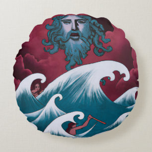 Crimson Neptune olieverfschilderij Rond Kussen