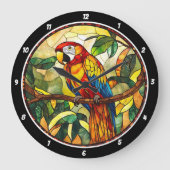 Crimson Oerwoud Time" - Glas in lood rode papegaai Grote Klok (Voorkant)