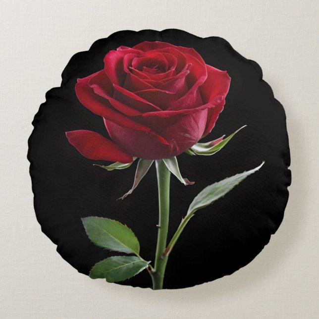 Crimson on Ebony: De enkele rode roos, Rond Kussen (Voorkant)