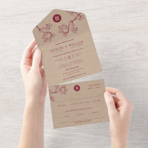 Crimson Peach/Plum Blossom Kraft Chinese Weddensch All In One Uitnodiging