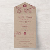 Crimson Peach/Plum Blossom Kraft Chinese Weddensch All In One Uitnodiging (Binnen)