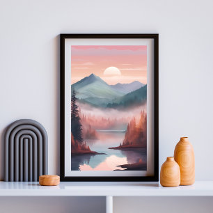 Crimson Pines - Dromerige bos zonsopgang landschap Poster