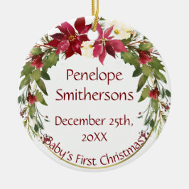 Crimson Poinsettia Wreath Baby's eerste Kerstmis Keramisch Ornament