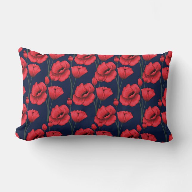 Crimson Poppies op Navy Blue Kussen (Voorkant)