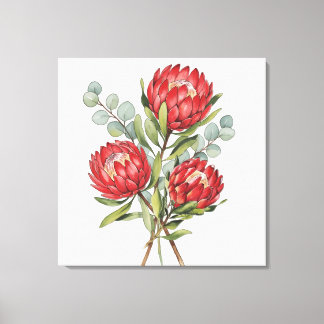 Crimson Protea Bouquet Watercolor Canvas Afdruk