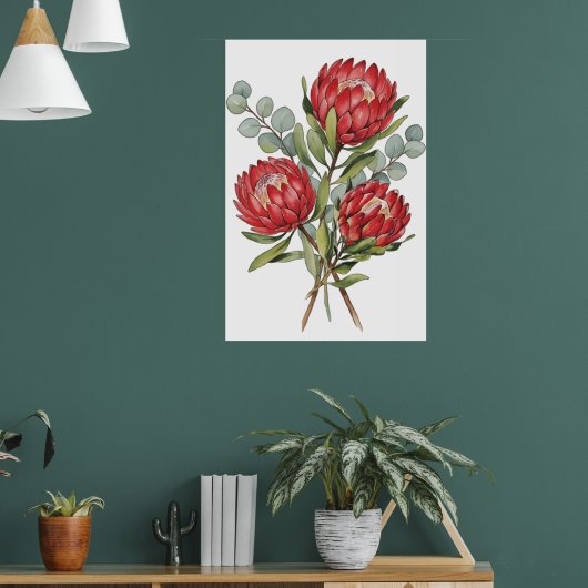 Crimson Protea Bouquet Watercolor Poster (Woonkamer 1)