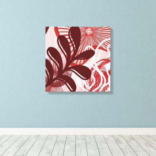 Crimson Radiance – Abstract Botanical Sunburst Art Canvas Afdruk (Insitu (Houten vloer))