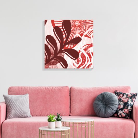 Crimson Radiance – Abstract Botanical Sunburst Art Canvas Afdruk (Insitu (Woonkamer))