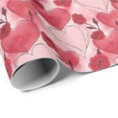 Crimson Red and Blush Pink Hearts and Roses  Cadeaupapier (Rol Hoek)