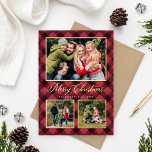 Crimson Red Buffalo Pset met kerstfoto Collage Folie Feestdagenkaart<br><div class="desc">De moderne en feestelijke fotokaart bevat een collage van 3 foto's die door een rand zijn omgeven en accenten van echte goudfolie en met de hand geschilderde waterverf criticus rood en zwart gebuffel tegen de achtergrond. Pas de aangepaste tekst met de tekst 'Kortste Kerstmis' aan met de gewenste tekst, de...</div>
